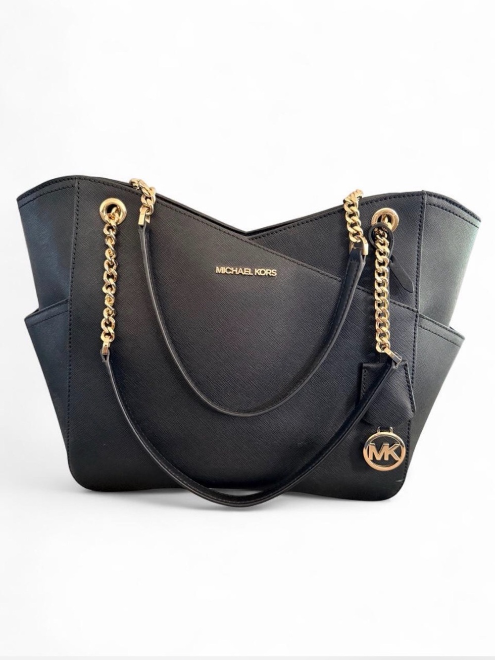 MICHAEL KORS Black Saffiano Leather Tote with Gold Chain Accents